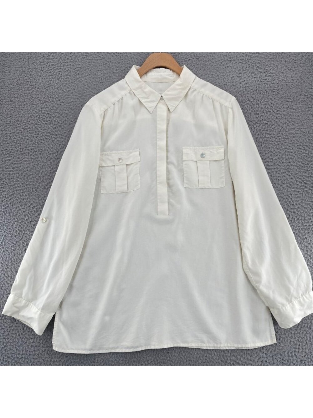 Chicos Shirt Womens 2 US Large White Roll Tab Sleeve 1/2 Button Collared Tunic